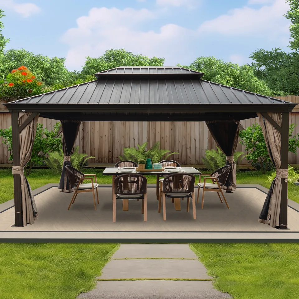 Kozyard Alexander Hardtop Gazebo, Aluminum Frame with Galvanized Steel Double Roof, Outdoor Permanent Pavilion with Curtains and Netting for Patio, Backyard, Deck, Lawn - 12*16 / Brown