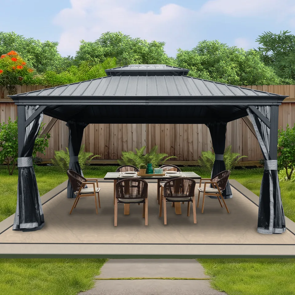 Kozyard Alexander Hardtop Gazebo, Aluminum Frame with Galvanized Steel Double Roof, Outdoor Permanent Pavilion with Curtains and Netting for Patio, Backyard, Deck, Lawn - 12*14 / Grey