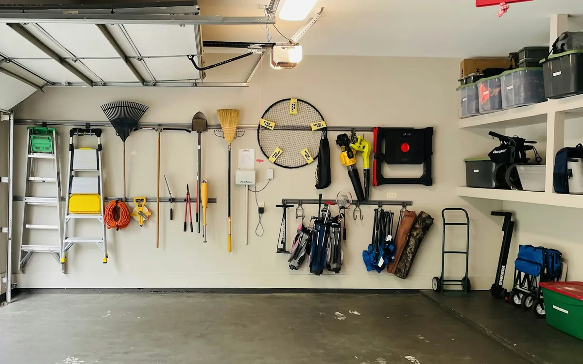 Garage with tools and shelving