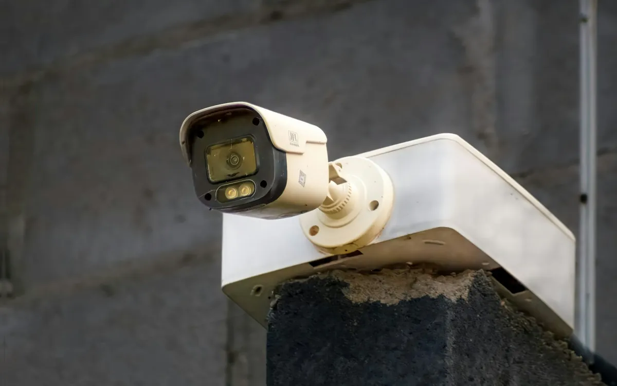 Security camera mounted on a wall